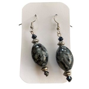 Gray and Black Stone Beaded and Silver Drop Earrings